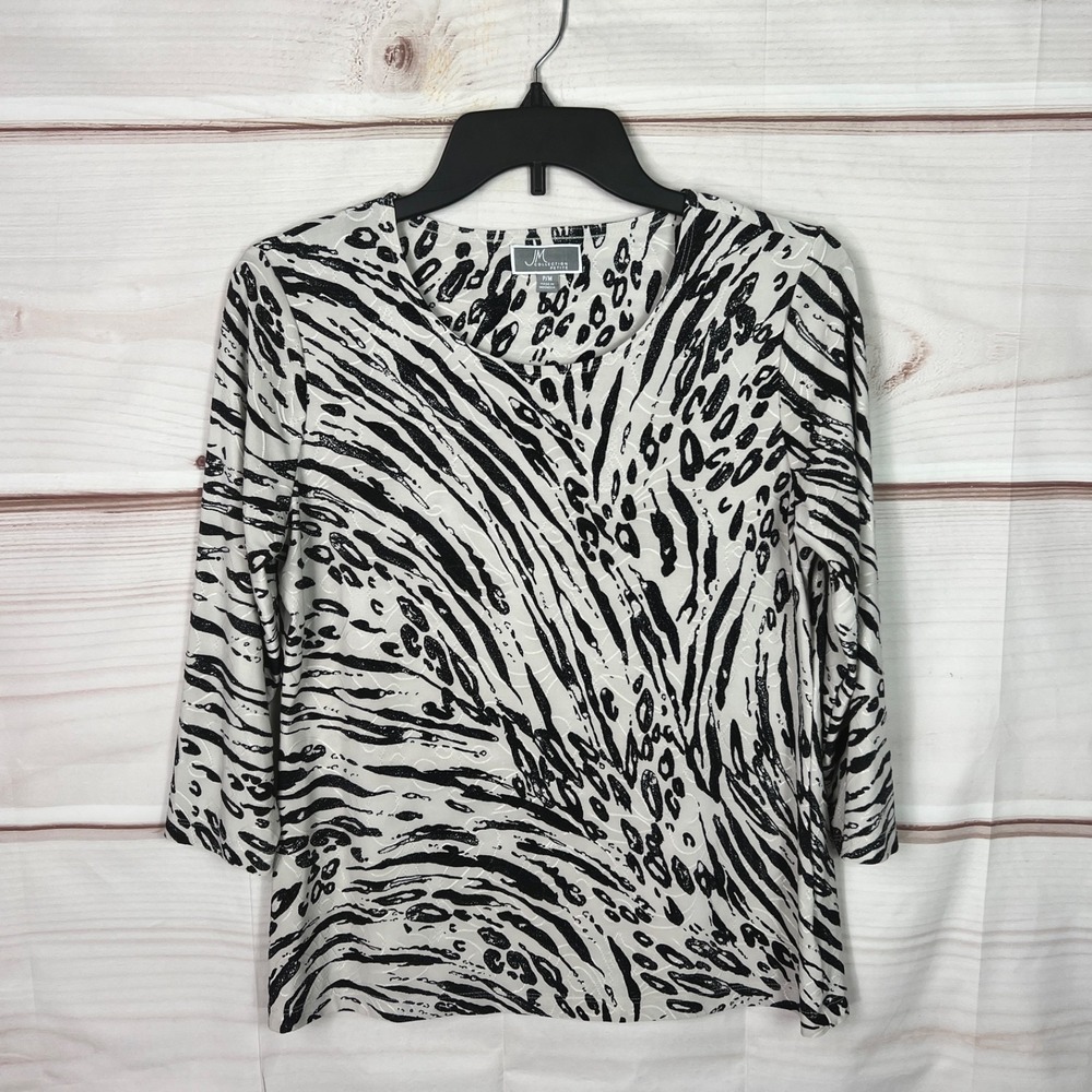 JM Collection Top Womens PM Beige Black Zebra Leopard Print Blouse Textured Knit